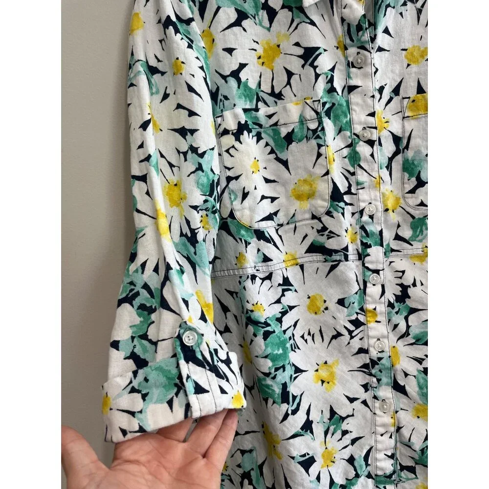 Jones New York 100% Linen Button Up Shirt Womens M Daisy Print 3/4 Sleeve - Picture 2 of 9